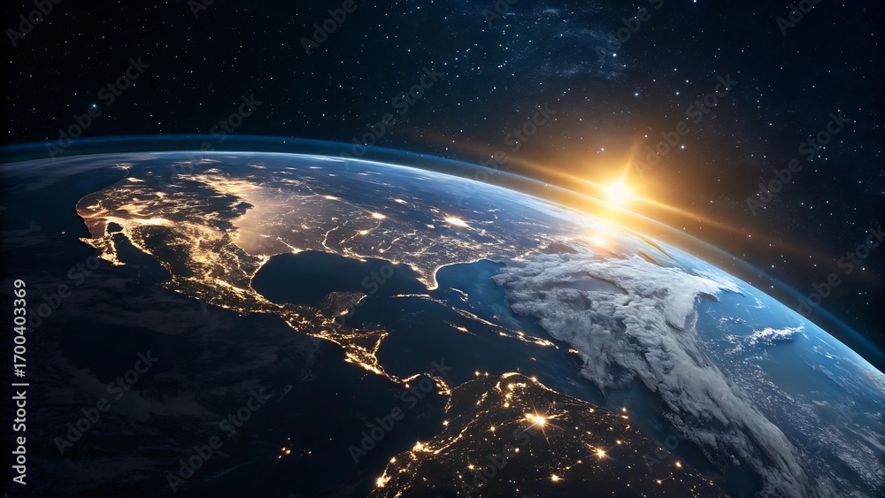 Sunrise over earth s north america with city lights glowing Stock Photo ...