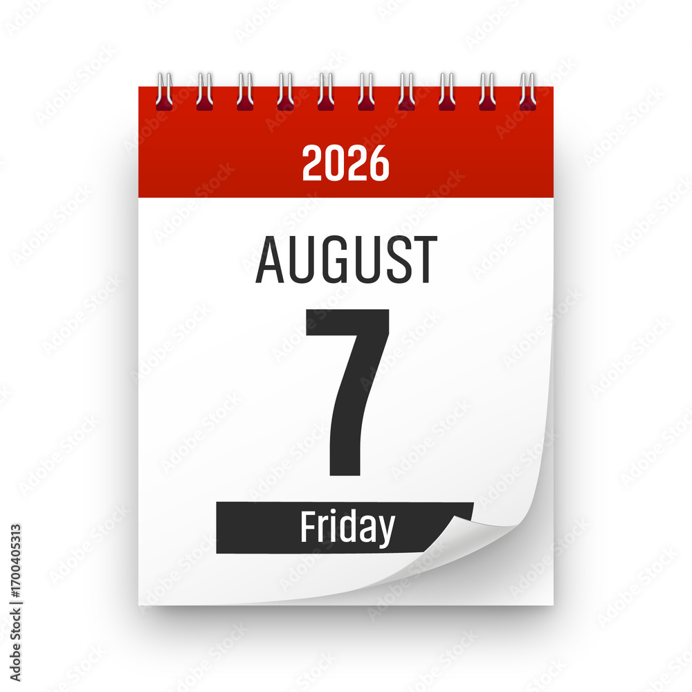 Date 7 August 2026 year realistic calendar day page design. August 7 ...