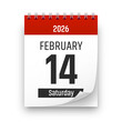 © lemugraphics - Date 14 February 2026 year realistic calendar day page design. February 14 transparent png