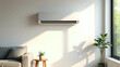 © EPICreation - A modern air conditioner installed in bright living room, minimalist interior design with sofa, wooden table, plants - white split system unit provides cool, comfortable climate control concept