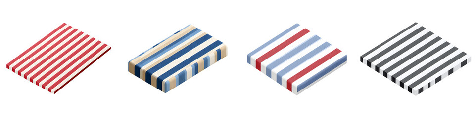 Isometric Striped Cubes Set: Red, Blue, and Gray Pattern Designs on White Background