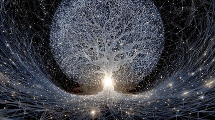 A classic tree of life diagram is unraveled and rewoven into a new, complex network of glowing light.