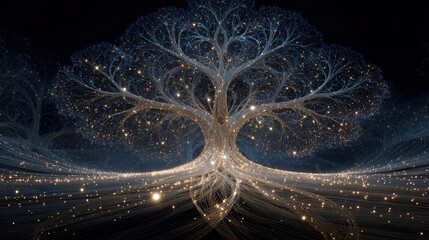 A classic tree of life diagram is unraveled and rewoven into a new, complex network of glowing light.