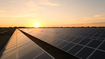Solar Panel Array at Sunrise on Open Field