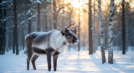 Wall Mural - Majestic Reindeer Standing in a Snowy Forest Bathed in Golden Sunlight