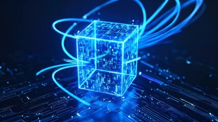 Futuristic Glowing Cube with Circuit Board Technology Connections Visualization