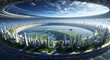 Expansive orbital ring structure with a modern city green landscapes rivers and multiple flying vehicles