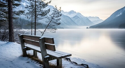 Wall Mural - Serene Winter Landscape: Snow-Covered Bench Overlooking Misty Mountain Lake