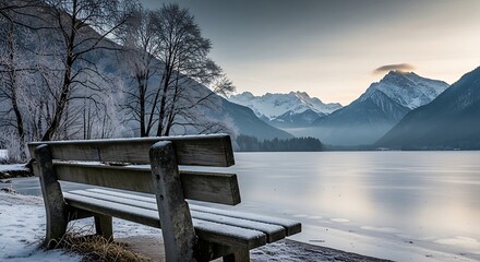 Wall Mural - Snow-dusted bench overlooks frozen lake and distant mountains under a cloudy winter sky