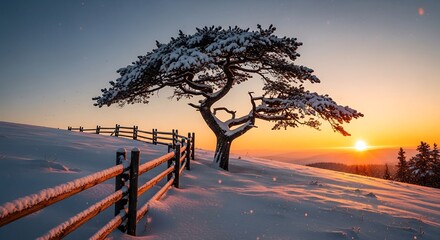 Wall Mural - Snow-covered Tree and Fence Silhouetted Against a Winter Sunset