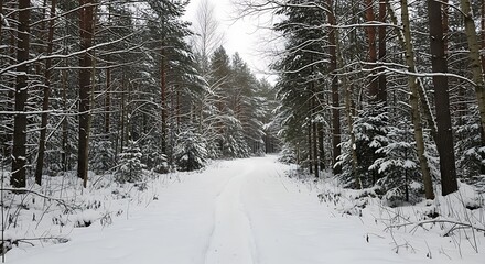 Wall Mural - Snowy Path Through a Dense Pine Forest in Winter, Tire Tracks Visible