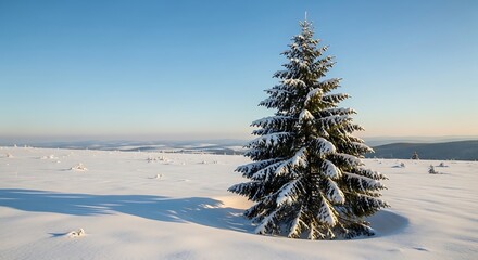 Wall Mural - Solitary Spruce Tree in a Snowy Landscape with Long Shadows and Clear Blue Sky