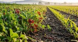 Closeup of vibrant cover crops flourishing between main crops to improve soil health and prevent erosion in an organic farm setting.