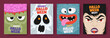 © Anastasiya Stoma - Cartoon colorful cards or posters set of Halloween with faces of monster characters. Hand drawn heads of zombie, ghost, crazy monster, vampire. Holiday design for print, invitation, flyer, banner