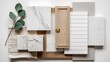 © Design Stock - Interior design mood board showcasing natural wood marble and white tile samples with eucalyptus for a modern and elegant aesthetic