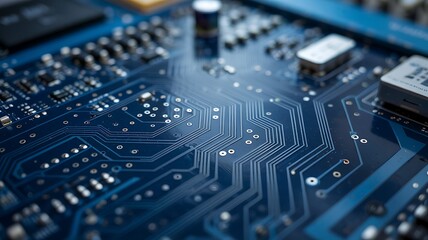 Close up macro shot of a complex blue printed circuit board with intricate pathways and electronic components glowing with light