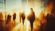 © Studicon - A woman leads a group of business people walking through a sunlit glass building, their silhouettes backlit by the bright light