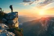 © heri - Silhouette of adventure seeker on a mountain peak during a vibrant sunset expedition