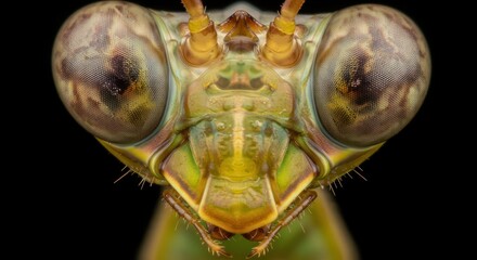 Close-up portrait of a praying mantis on a black background