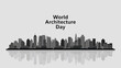 ©  Aesthetic Design - Vector art of world architecture day text above a grayscale city skyline with reflections