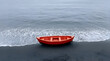 © Atizaz  - Orange boat resting on a black sand beach near the ocean