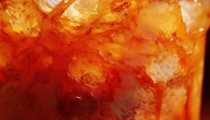 Wall Mural - iced tea macro swirl with melting ice cubes and vibrant orange red liquid texture for summer wallpaper or commercial background