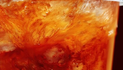 Wall Mural - iced tea macro swirl with melting ice cubes and vibrant orange red liquid texture for summer wallpaper or commercial background