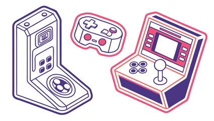 Isometric illustrations of retro gaming devices including a pinball machine, game controller, and arcade cabinet with purple and pink outlines.