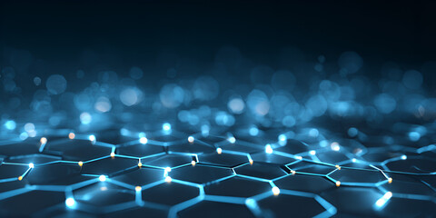 Futuristic glowing hexagon network grid on a blue abstract surface