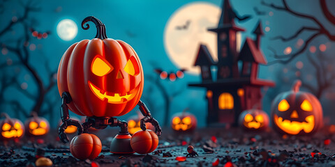 Halloween background with 3D pumpkin robot