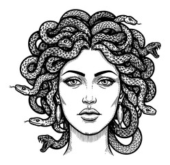Wall Mural - medusa portrait with snakes in hair front view detailed black and white outline line art drawing