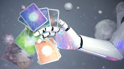 A futuristic robot hand holds iridescent tarot cards against a cosmic backdrop.