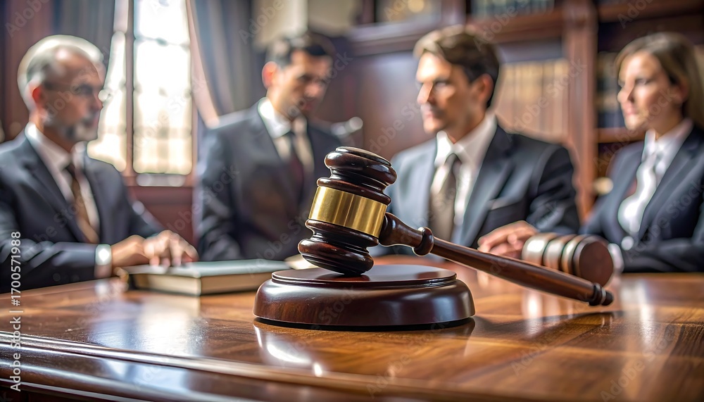 People Using Gavel Gavel on a polished table; four people in suits sit behind it in blurry ...