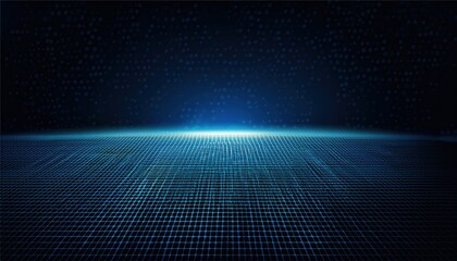 Wall Mural - futuristic blue digital grid illuminated by glowing light at horizon creating a sci-fi abstract envi
