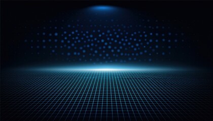 Wall Mural - futuristic blue digital grid illuminated by glowing light at horizon creating a sci-fi abstract environment suitable for technology, wallpaper, and web design