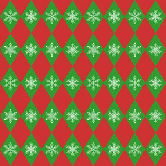 Wall Mural - Seamless argyle pattern with white snowflakes.Colorful harlequin repeat pattern in green and red for Christmas.Winter vector graphic background for textile and prints.