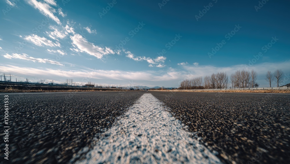 Empty asphalt road stretches into a clear blue sky. A bright white ...