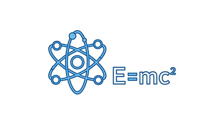 Dynamic vector illustration of an atom structure and the renowned E=mc² equation, symbolizing core principles of physics, energy, and scientific understanding