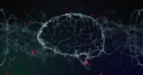 Wall Mural - Rendering glowing wireframe brain simulating data flow in blue grid matrix, with neon pink streaks
