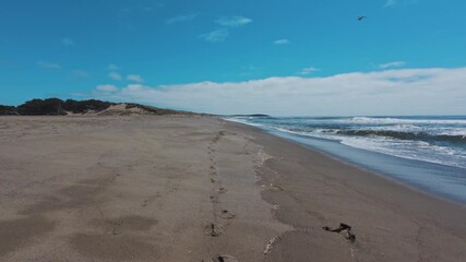 Wall Mural - Wide view of an empty sandy beach with gentle waves under bright blue sky and soft clouds