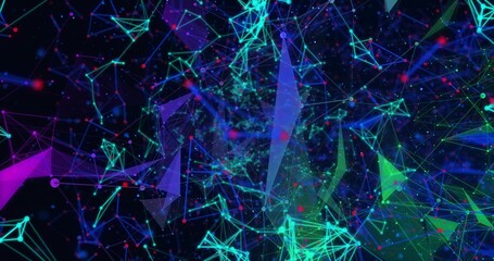 Wall Mural - Floating network structure forming glowing nodes and neon lines in digital void, polygon planes