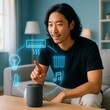 © BIZTECHART - Man interacting with smart home technology, representing innovation, convenience, and modern living. A digital illustration of interconnected devices hover in front of a man