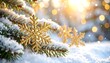 © Janu - Golden snowflake ornaments on snowy pine branches, soft bokeh lights sparkle in the sunny background