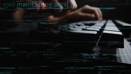 A focused coder interacts with a modern keyboard while various code snippets are displayed on a dark screen, illustrating the dynamic world of programming. Xenic