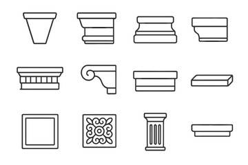 Stone Architecture Icons. Line style icons of stone architectural detail: stone keystone, stone cornice, stone base trim, stone