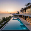Luxury Modern Villa with Infinity Pool Overlooking the Ocean and City Skyline at Sunset
