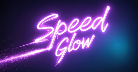 Wall Mural - Bright neon text reads Speed Glow against dark purple background. Streaks emanate from words, creating dynamic visual effect.