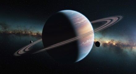Wall Mural - A captivating depiction of a ringed planet, with ethereal colors, against a backdrop of a swirling galaxy and distant stars.