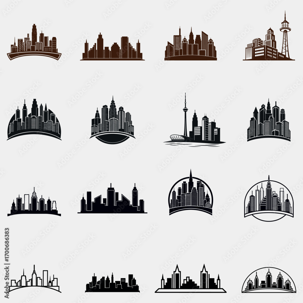 City Skyline Black Silhouette Vector Set and Downtown Cityscape ...