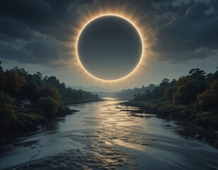 Wall Mural - Spectacular solar eclipse casts an ethereal glow over a serene river and lush forest.